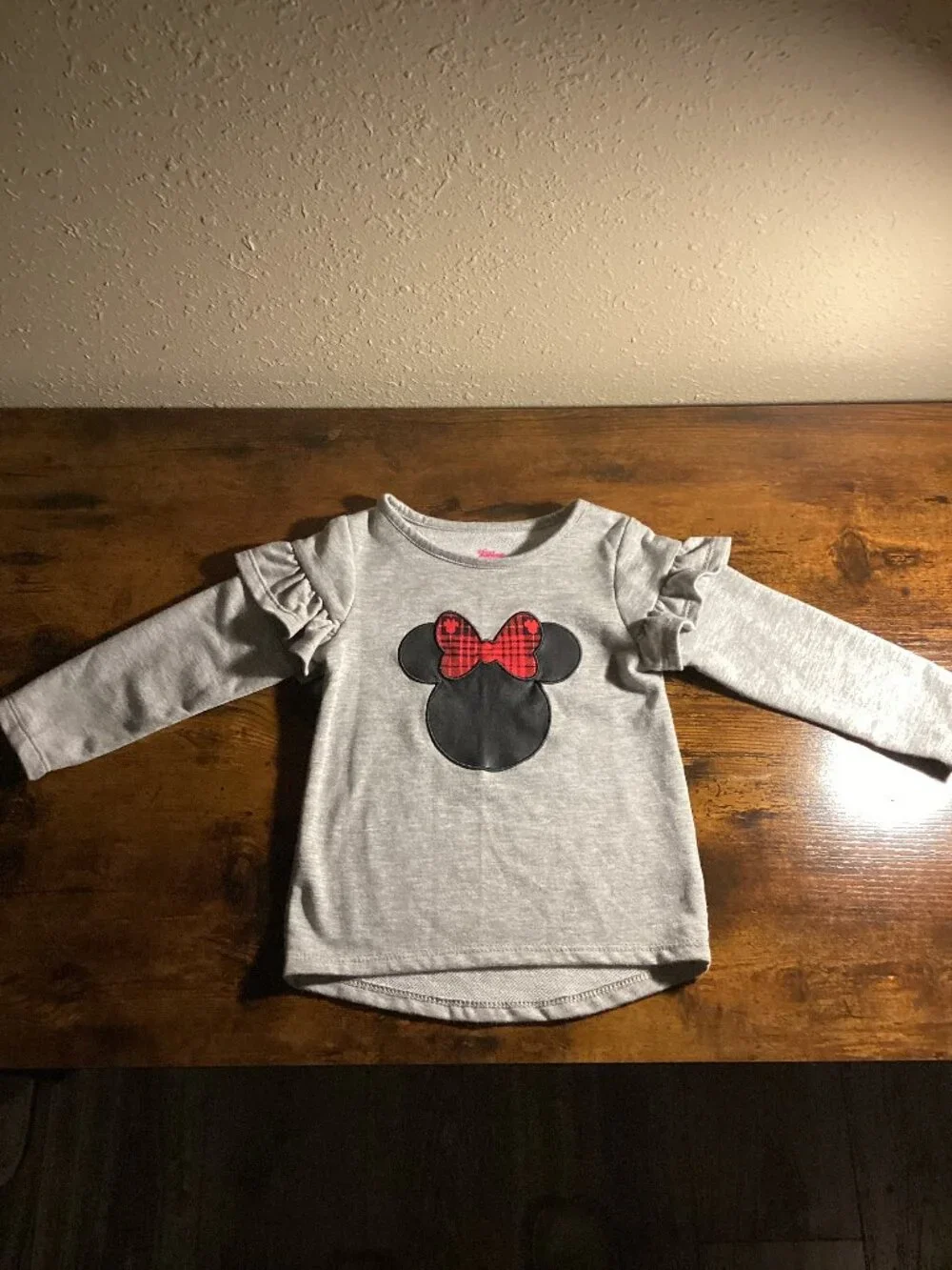 Disney Minnie Mouse Girls Gray Ruffle Long Sleeve Top Plaid Bow